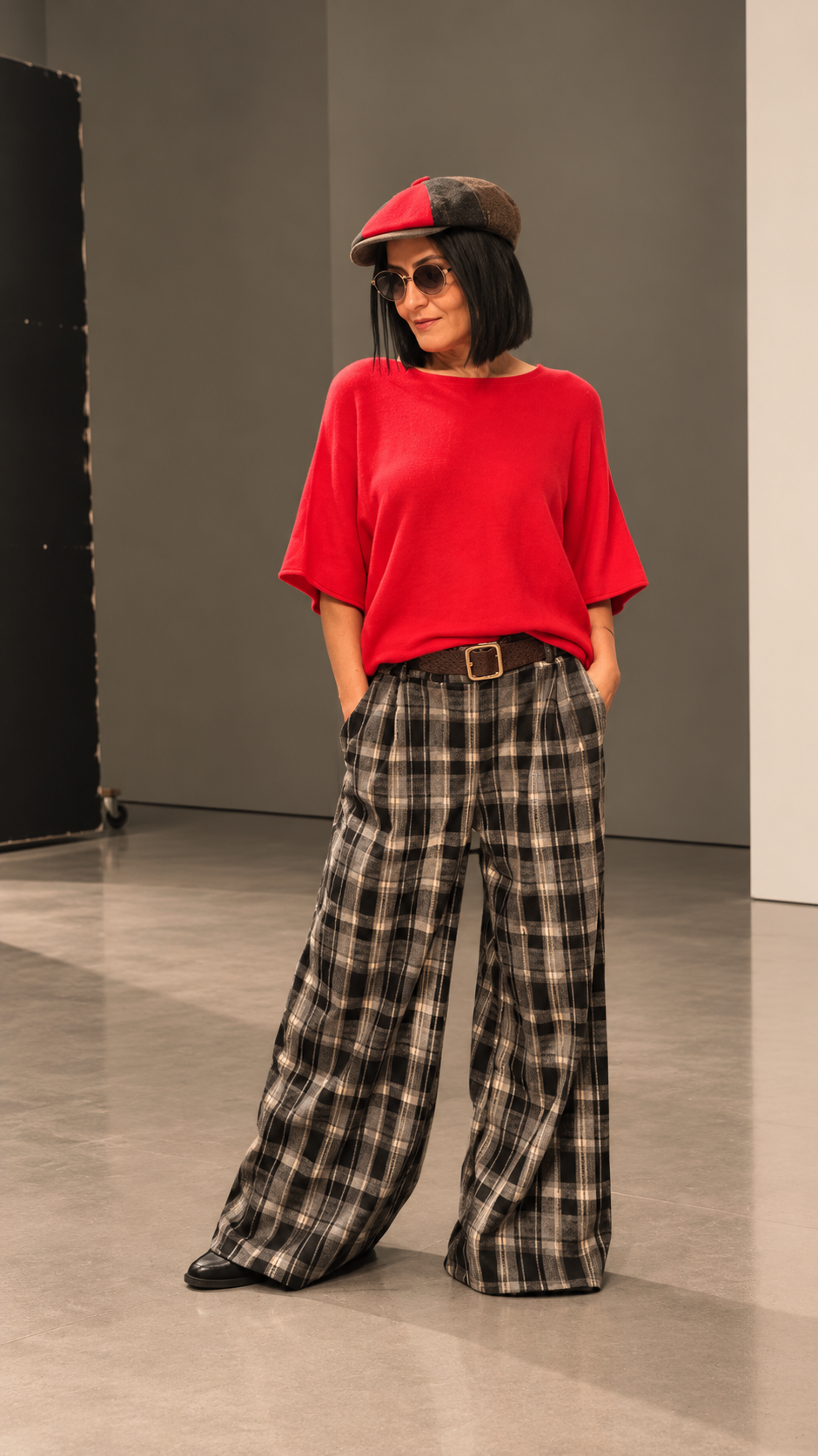 Siyah Ekose Desen Kemerli Pantolon