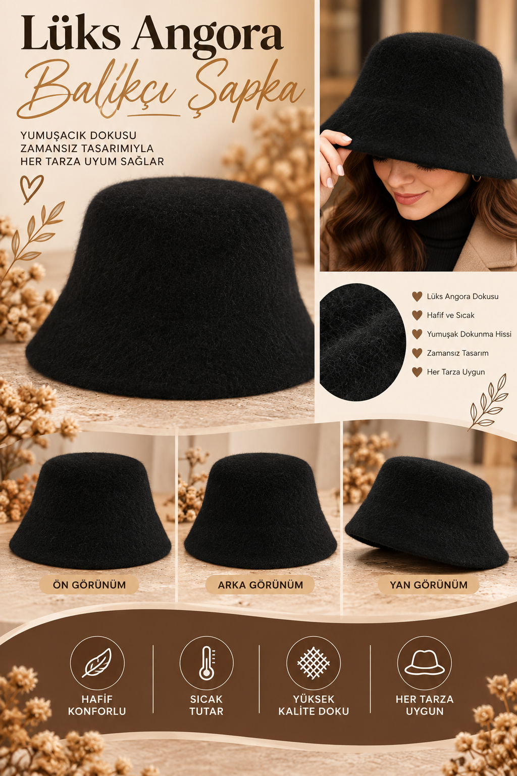 Siyah,Lüx Angora Balıkçı Şapka