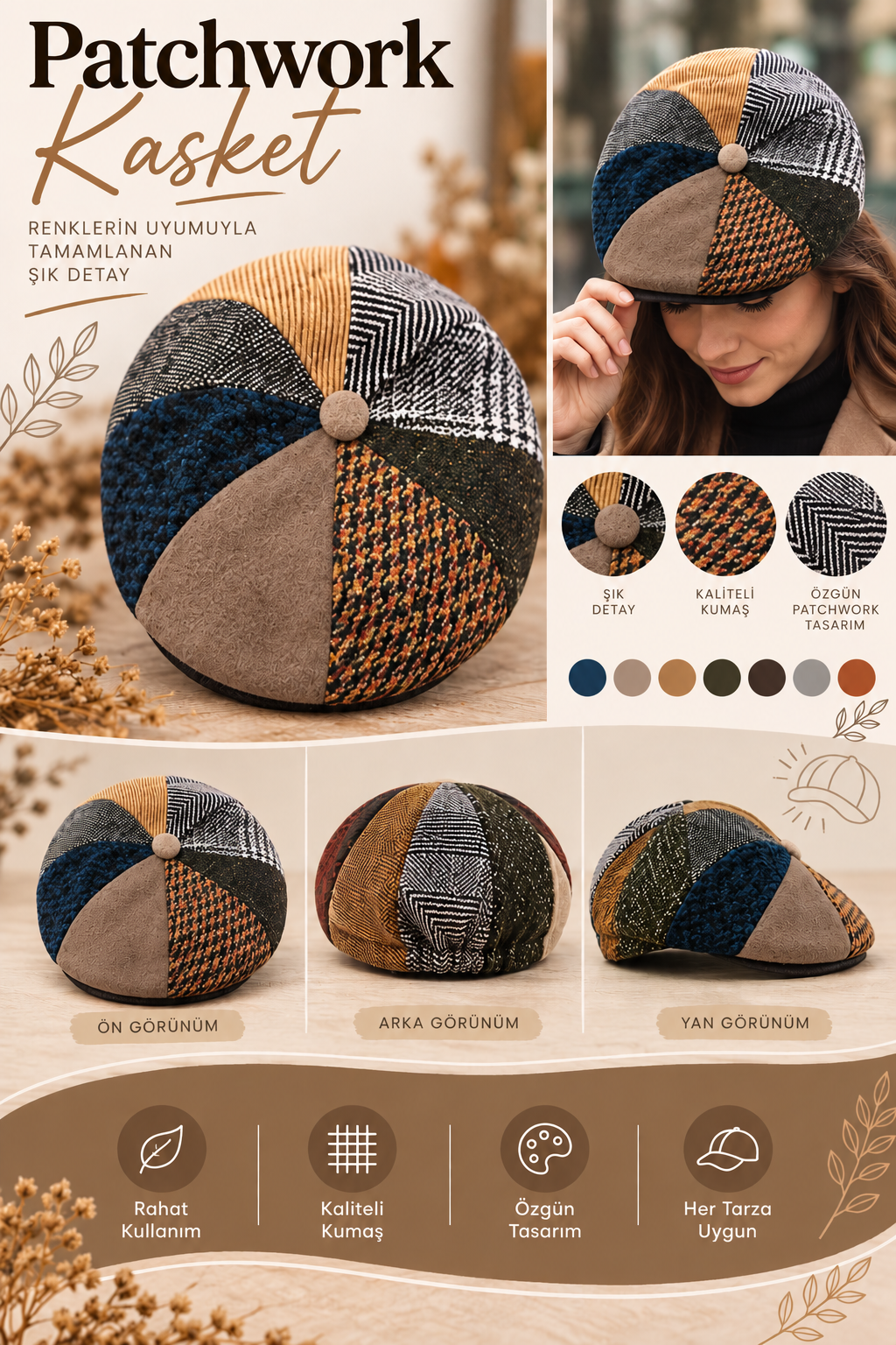 Vizon,Çok Renkli Patchwork Kasket