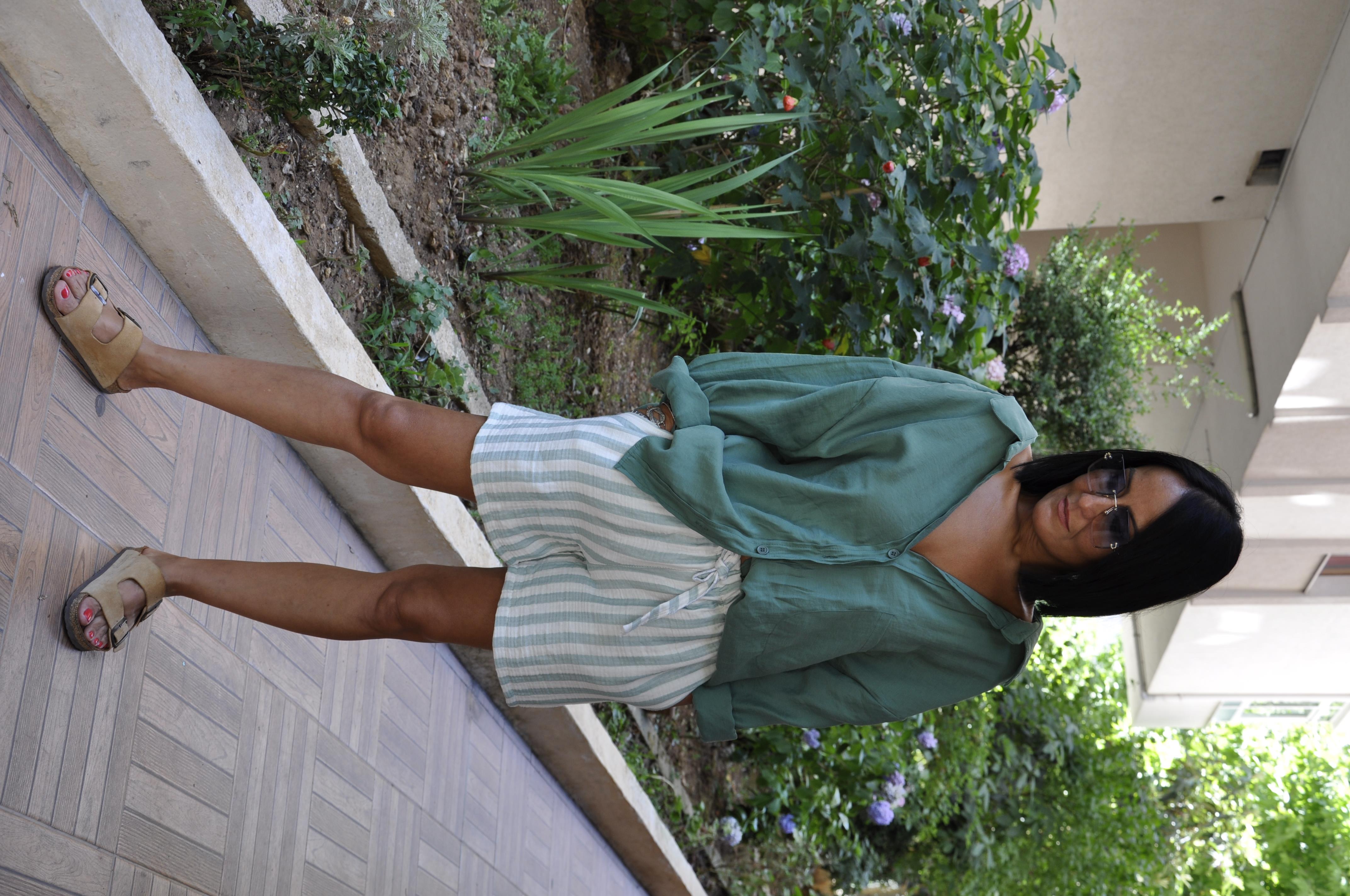 Yeşil Çizgili Müslin Şort