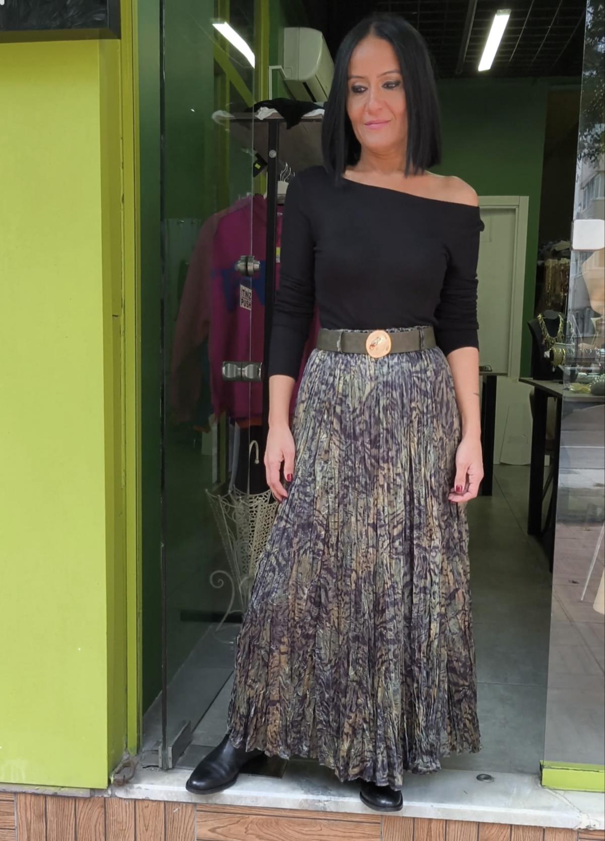 Yeşil Pliseli Kırışık Etek