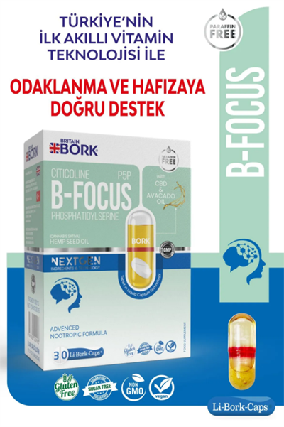 BRITAIN BORK B-FOCUS 30 Likit Kapsül Stikolin İçeren Konsantrasyon ve Dikkat Eksikliği Destekleyici Vitamin
