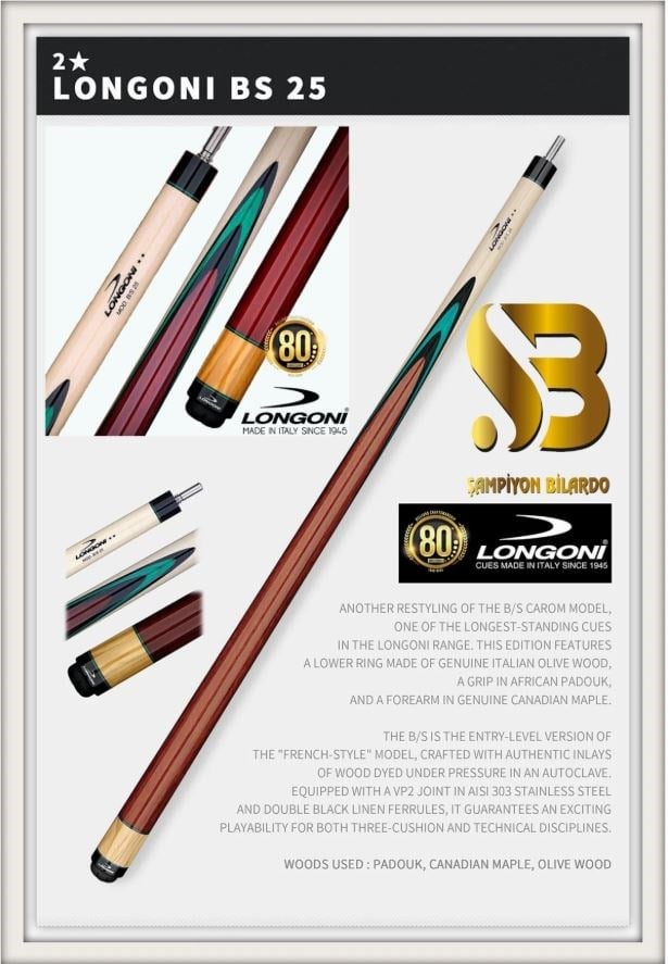 CAROM ÜÇ BANT BİLARDO ISTAKASI (LONGONİ BS 25 BUTTERFLY S20/E71 (20 PARÇA 11,8 MM TEK ŞAFT) S:121 GR / TOTAL: 520 GR) (İTHAL)