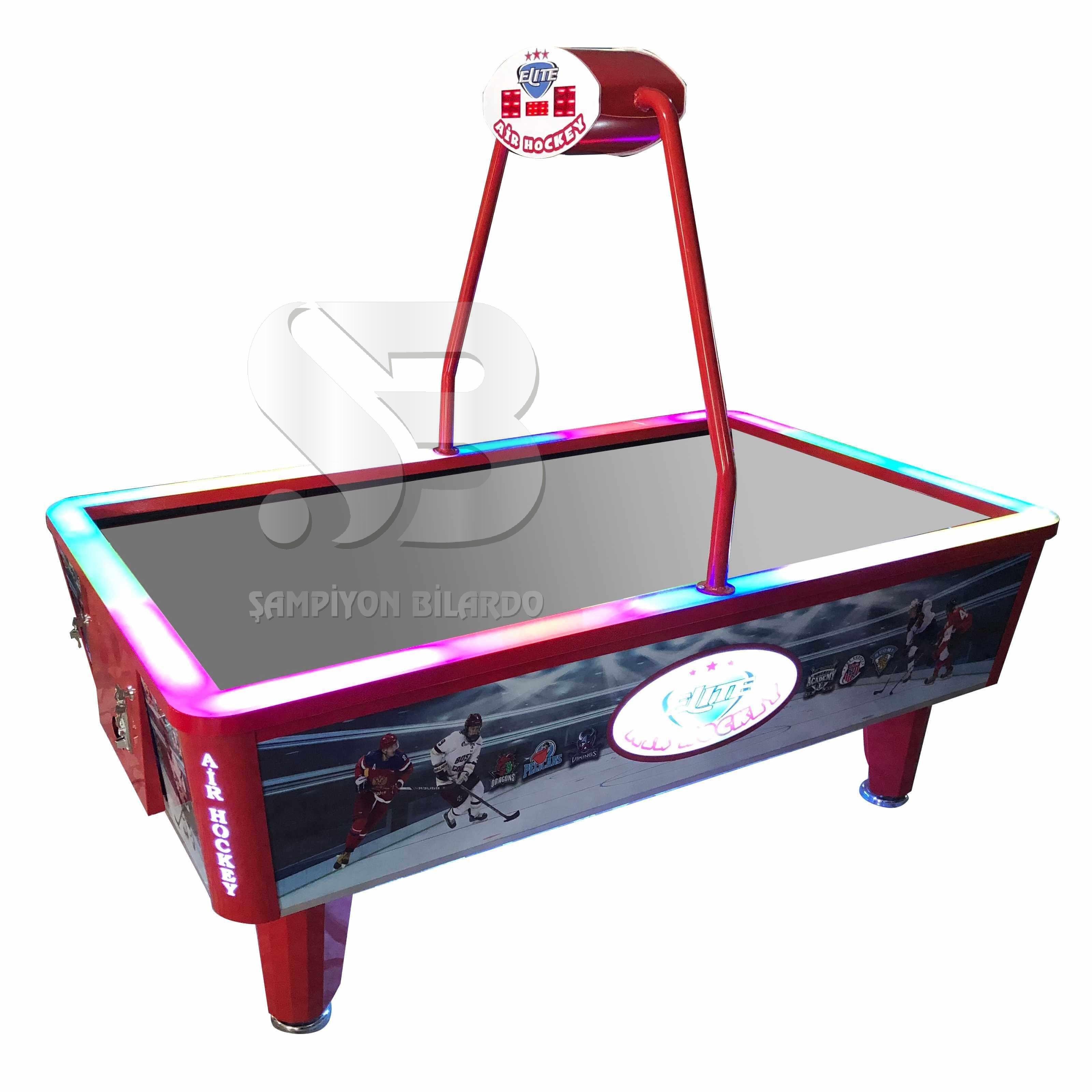 LÜX MODEL AİRHOCKEY (KROM SAC ZEMİN) (KÜPEŞTE İÇ KENARLAR, GÖVDENİN YANLARI VE ALTINDAN LEDLİ) (ALÜMİNYUM KAPLAMA KÜPEŞTE) (ÜSTTEN ÇİFT YÖNLÜ SCOREBOARD)