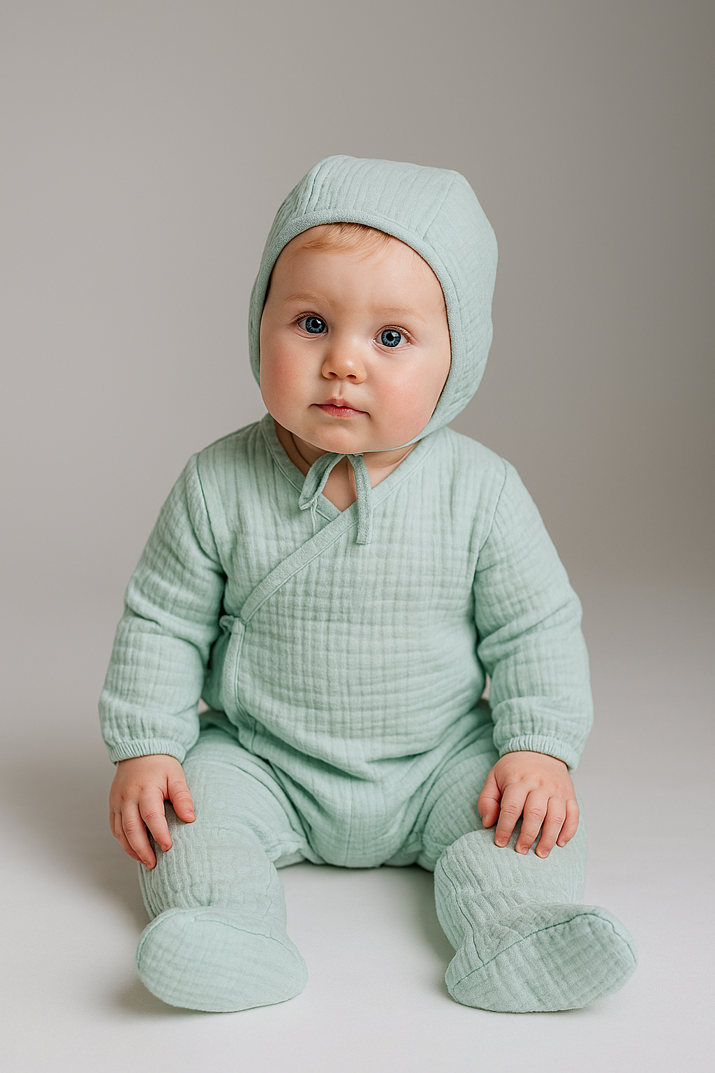 KD43054.MÜSLİN KRUVAZE TULUM ŞAPKA TAKIM 1-3/3-6/6-9AY