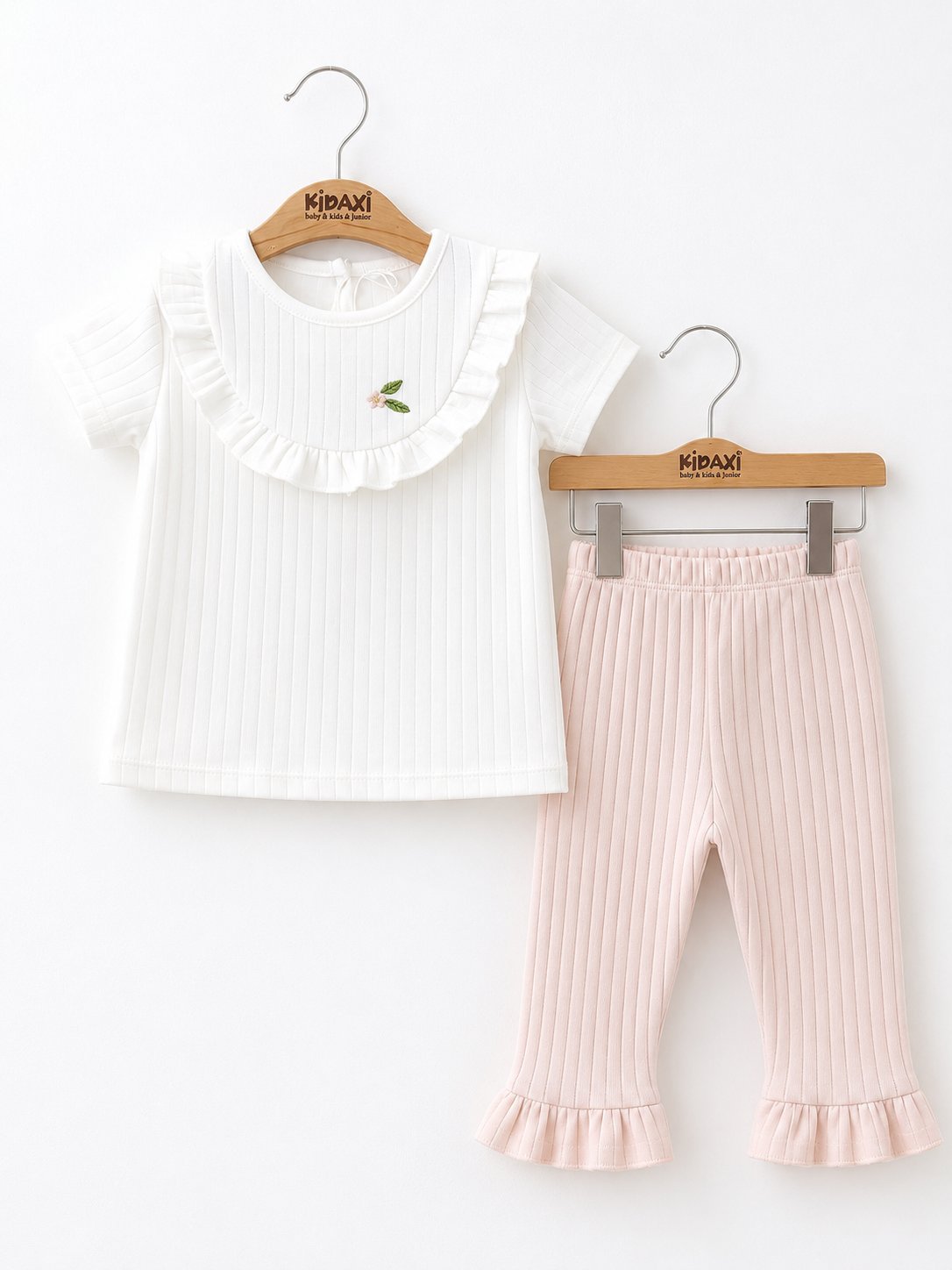 KD63021.ÇİÇEK NAKIŞLI TİŞÖRT PANTOLON TAKIM 6-9/9-12/18-24/24-36AY