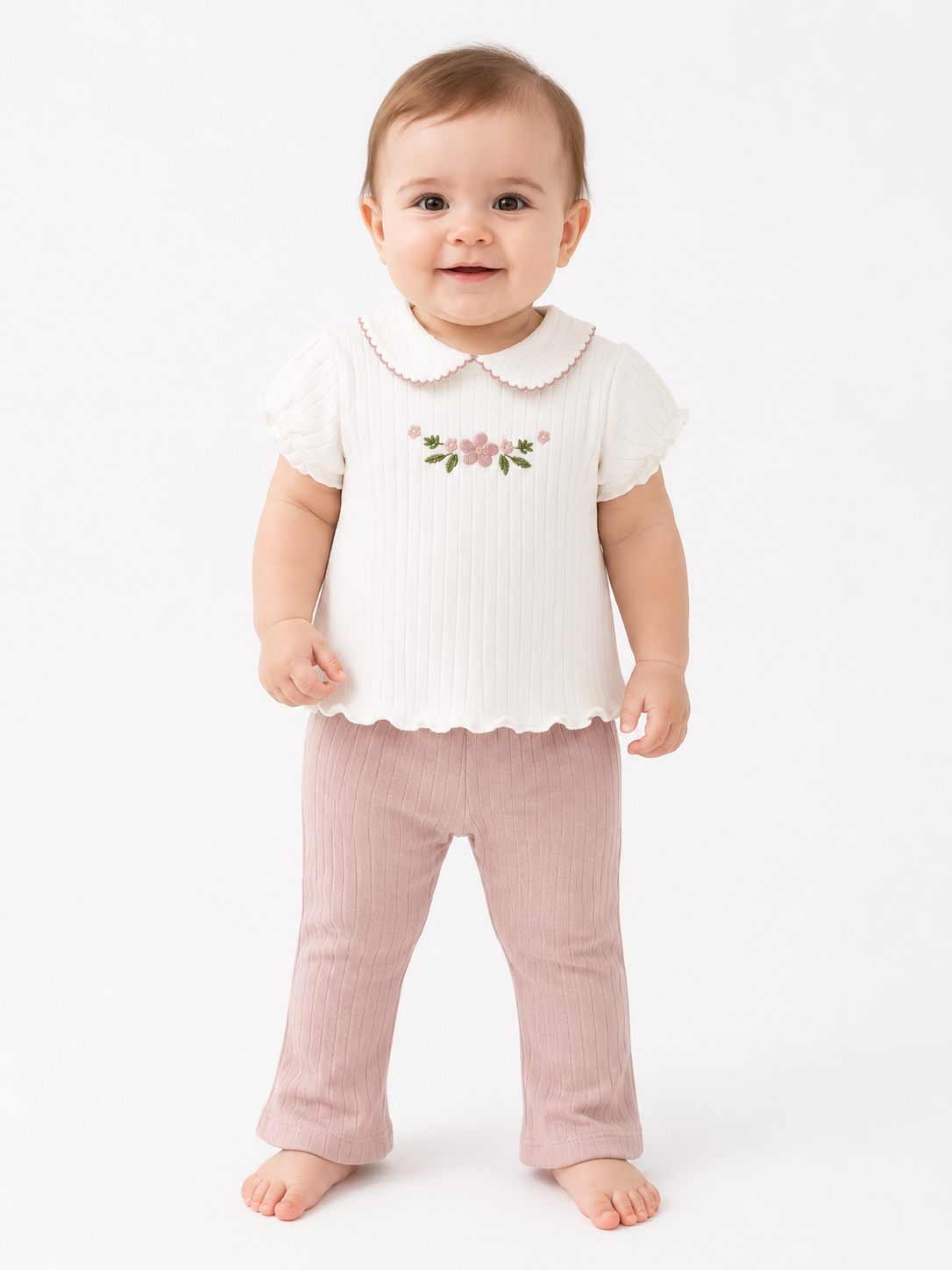 KD63024.BEBE YAKA ÇİÇEK NAKIŞLI TİŞÖRT PANTOLON TAKIM 3-6/6-9/9-12/18-24AY