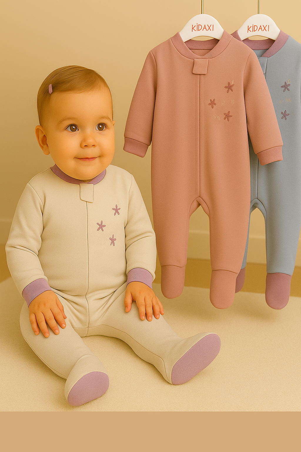 KD33345 ÇİÇEK NAKIŞLI FERMUARLI 3İPLİK KIZ TULUM 1-3/3-6/6-9 AY