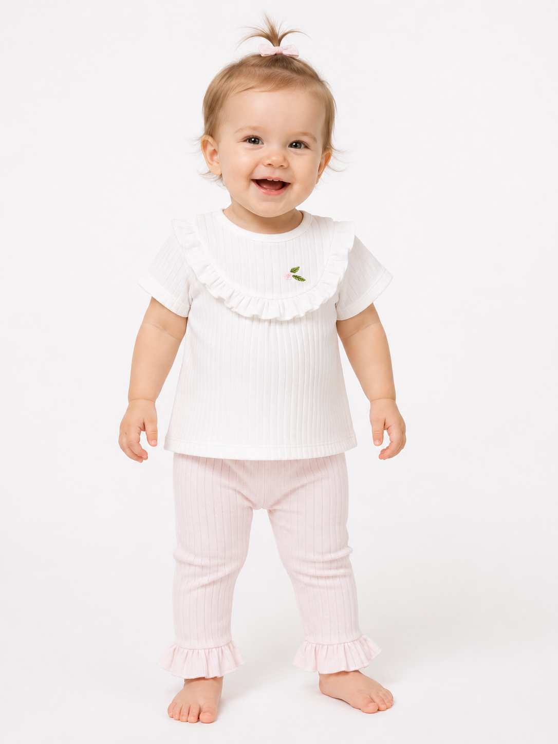 KD63021.ÇİÇEK NAKIŞLI TİŞÖRT PANTOLON TAKIM 6-9/9-12/18-24/24-36AY