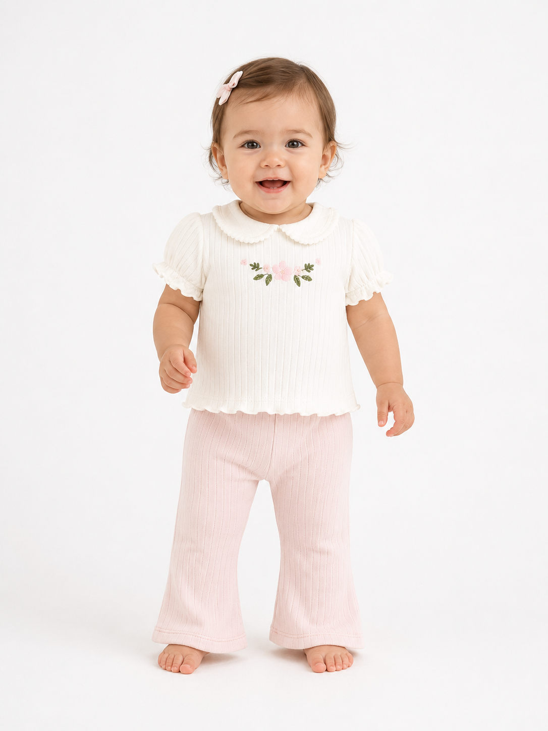 KD63024.BEBE YAKA ÇİÇEK NAKIŞLI TİŞÖRT PANTOLON TAKIM 3-6/6-9/9-12/18-24AY