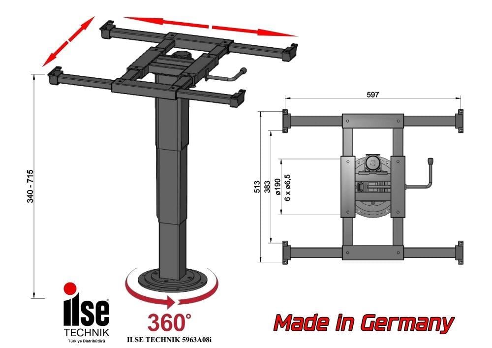 Ilse Technık 5963 G06R822 Zemine Sabitlenen Teleskopik Karavan Masa Ayağı 360 DERECE DÖNEBİLEN İLERİ GERİ KAYDIRMALI made in germany