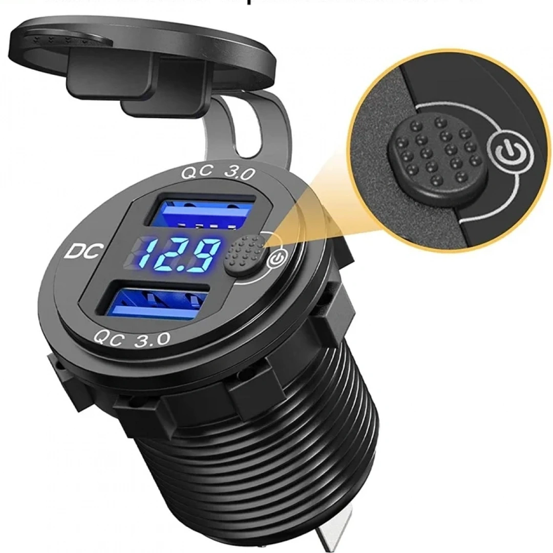 MELLİFERA İki Usb Type-A Şarj Cihazı (Voltmetreli - On-Off Anahtarlı - Mavi Işıklı) 5V 3A/9V 2A /12V 1,5A Max : 36W