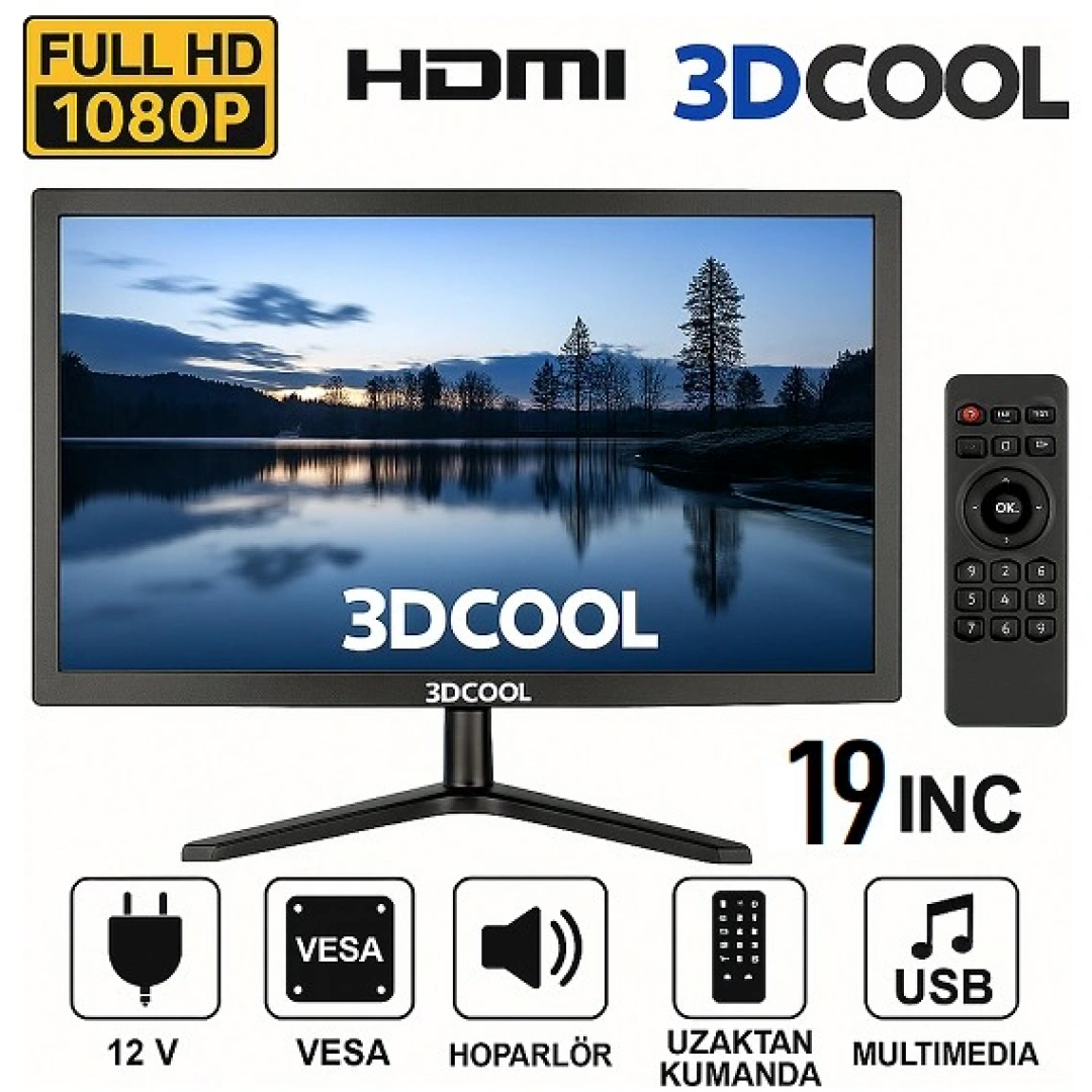 MELLİFERA 19 İNÇ Led Monitör HD READY TV (Kumandalı) (VGA,HDMI,RCA,USB,AUX) 12V - 220V İLE ÇALIŞABİLİR
