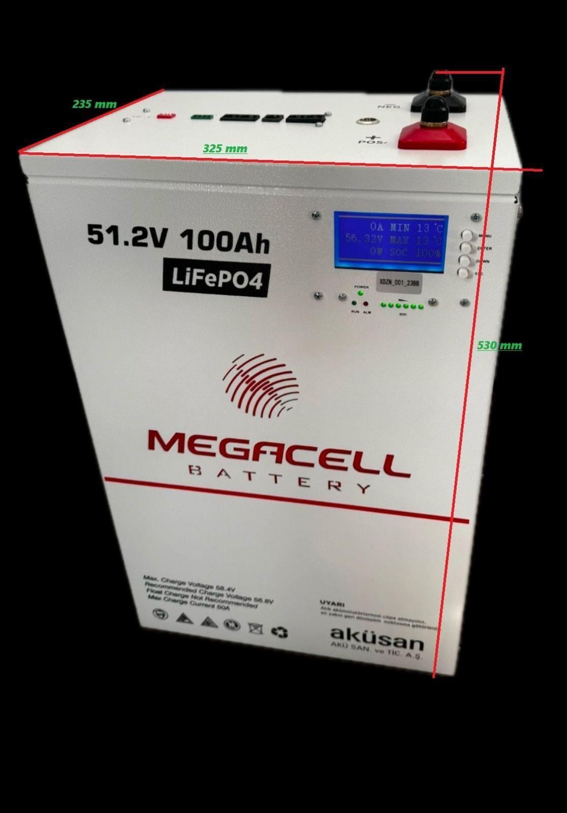 Megacell 51,2V 100Ah LiFePO4 Lityum Demir Fosfat Akü (PRİZMATİK/Haberleşmeli)