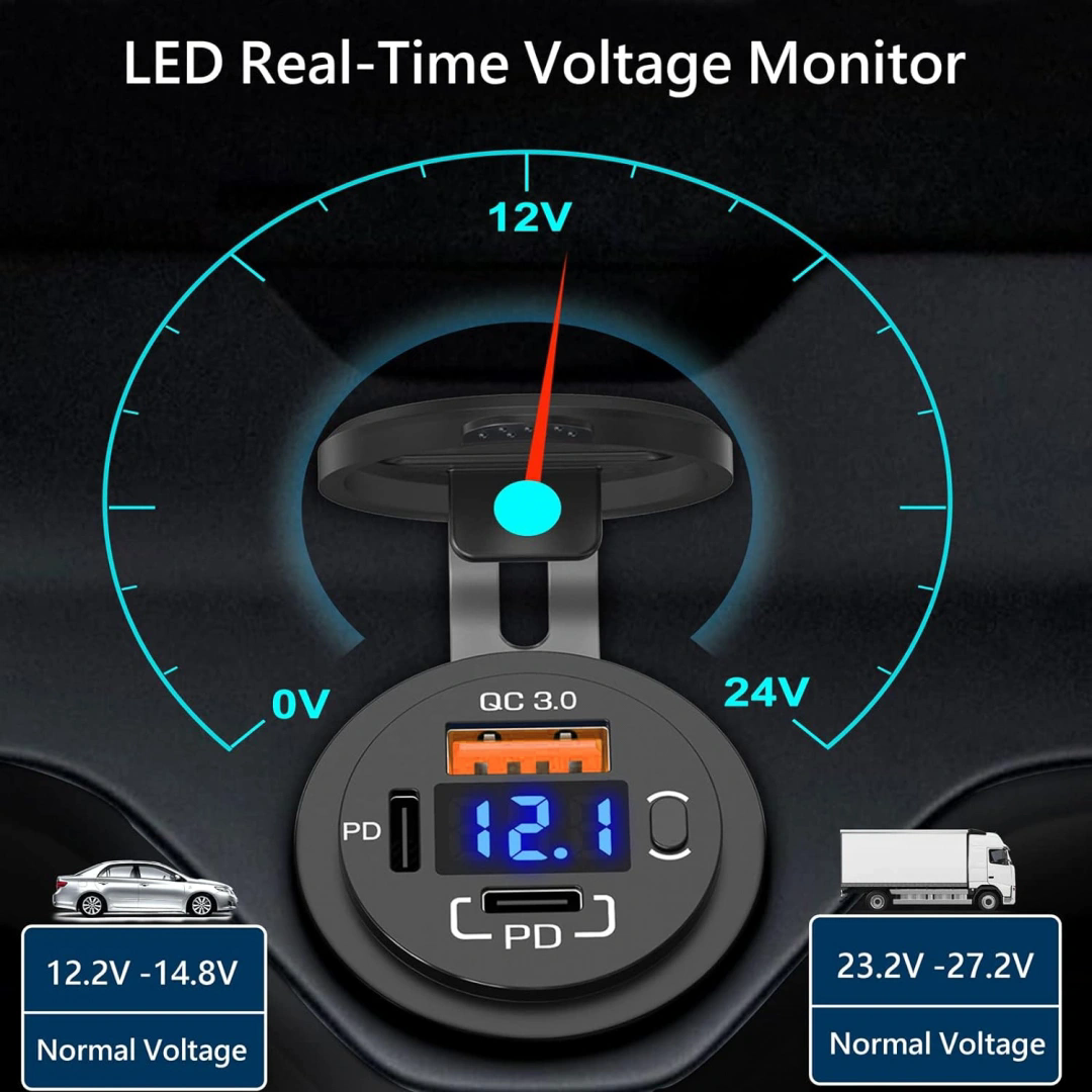 MELLİFERA Bir Usb Type-A ve Bir Usb Type-C Şarj Cihazı (Voltmetreli - On-Off Anahtarlı - Mavi Işıklı)