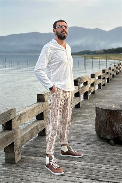 Kemeri Lastikli Önü Arkası Baskılı Pantolon Bej