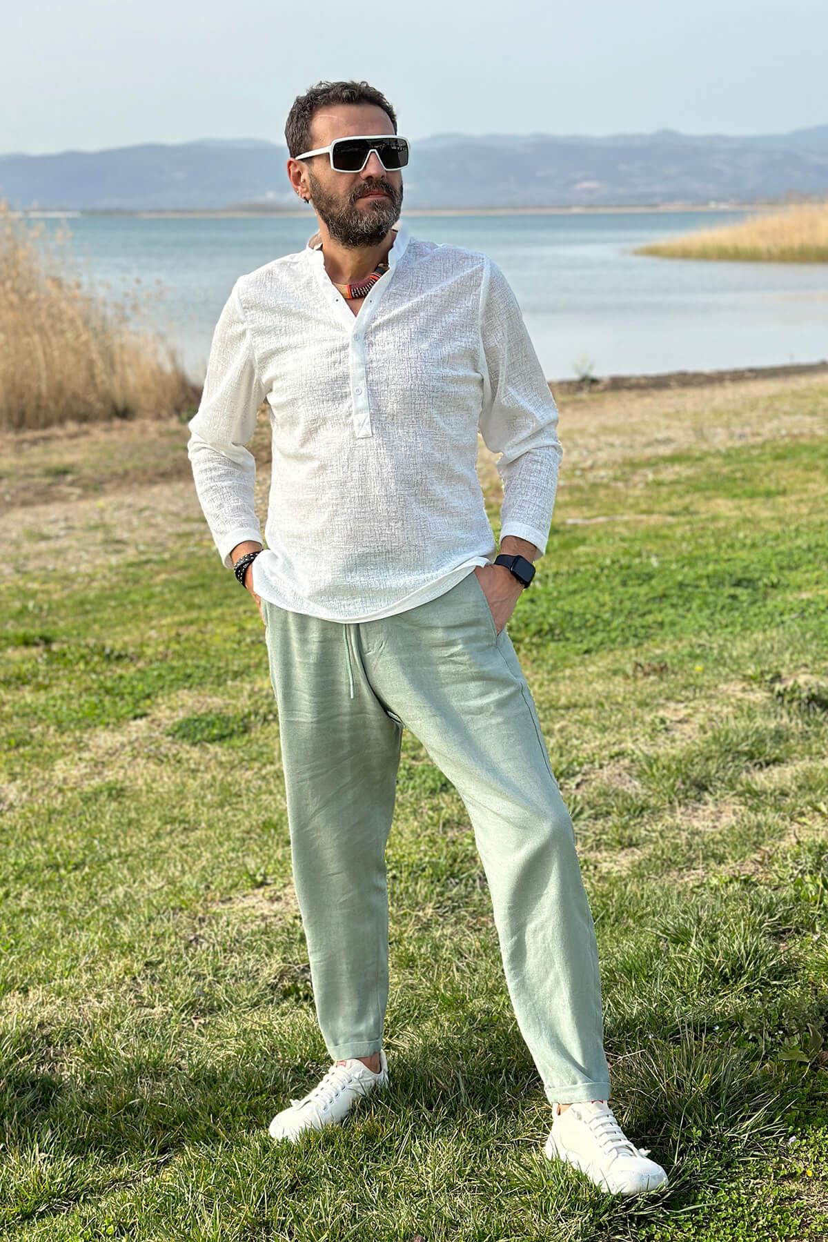 Kendinden Desenli Uzun Kol Gömlek Ekru