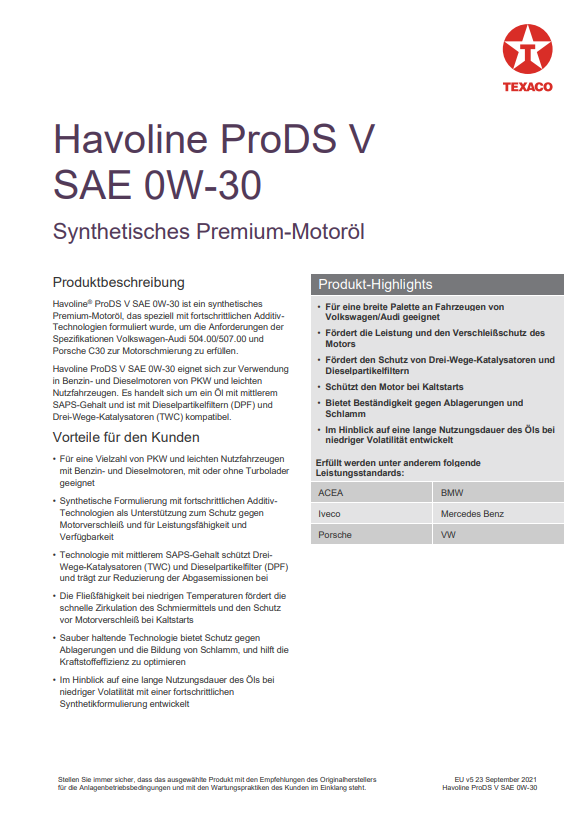 TEXACO Havoline ProDS V SAE 0W-30 2020= 1 LT