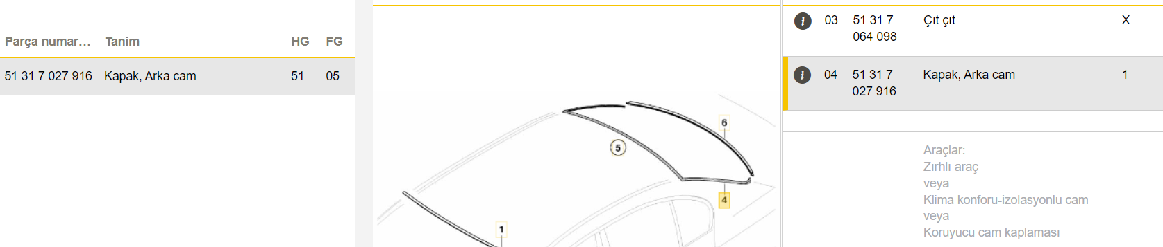 ARKA CAM ÜST FİTİLİ E60/E60LCI+B1992B1820:B1994 51317057415