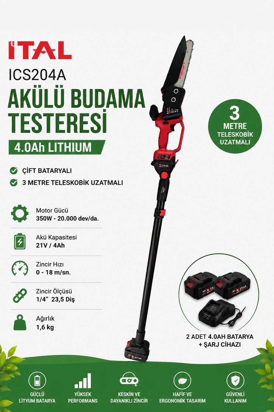 Ital ICS204A Akülü Budama Testeresi 4.0AH Lithium