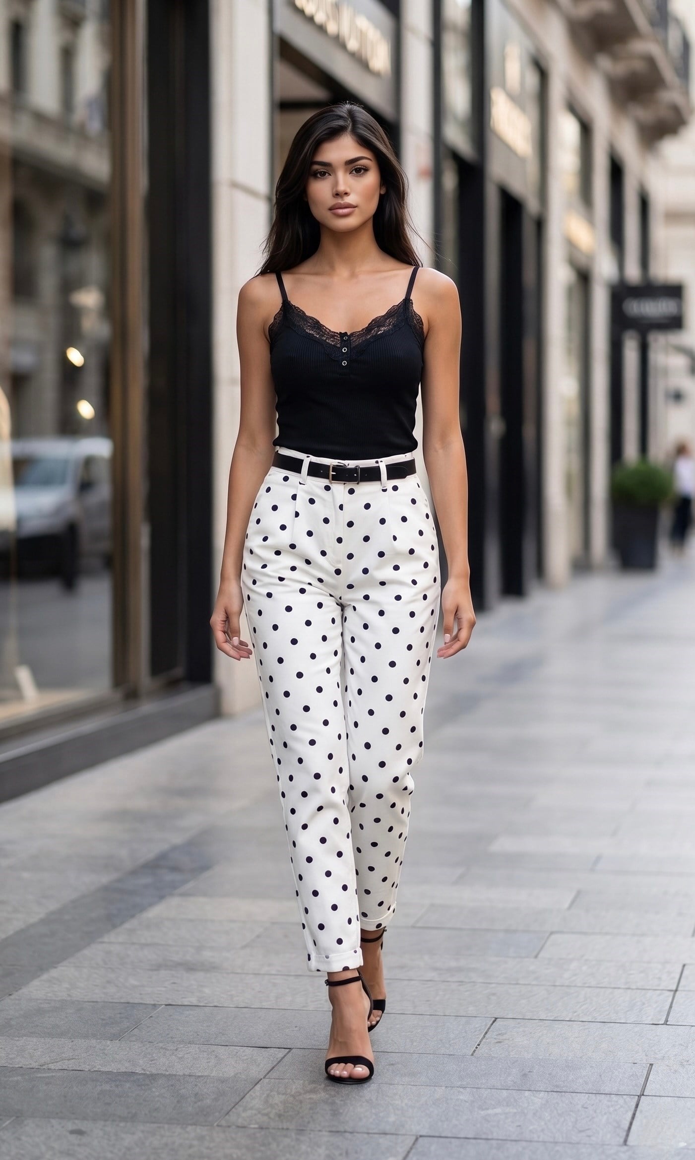 Puantiye Desen Kemerli Pantolon
