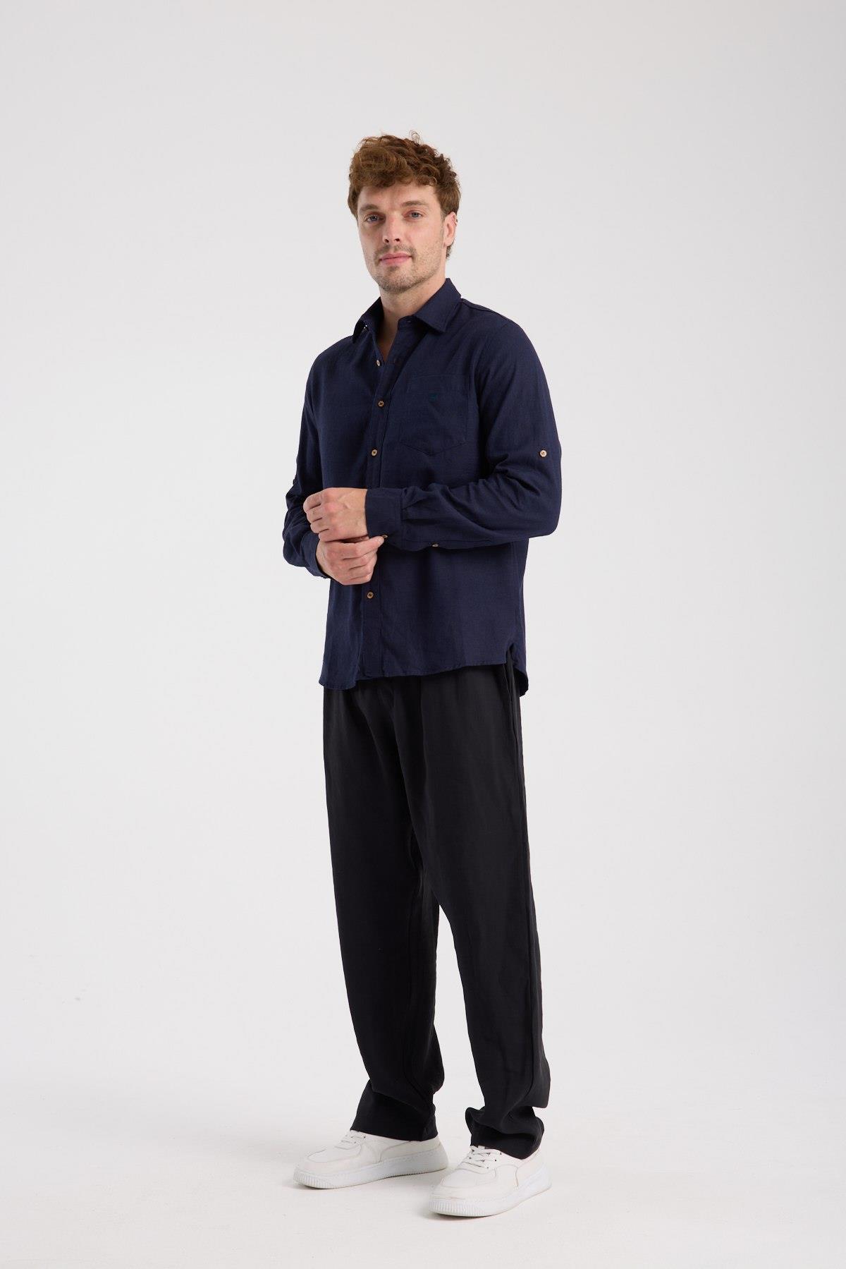 Düğmeli Keten Gömlek