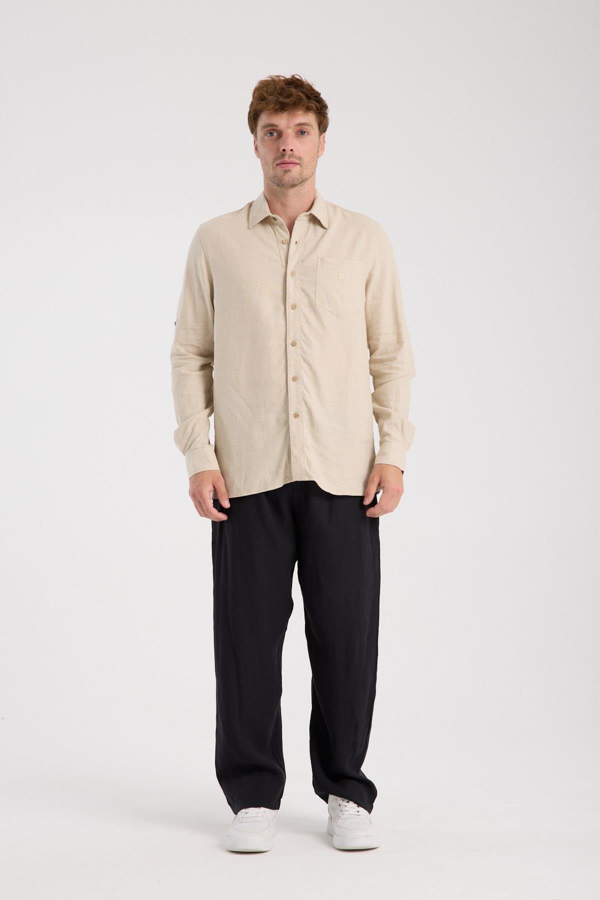 Düğmeli Keten Gömlek