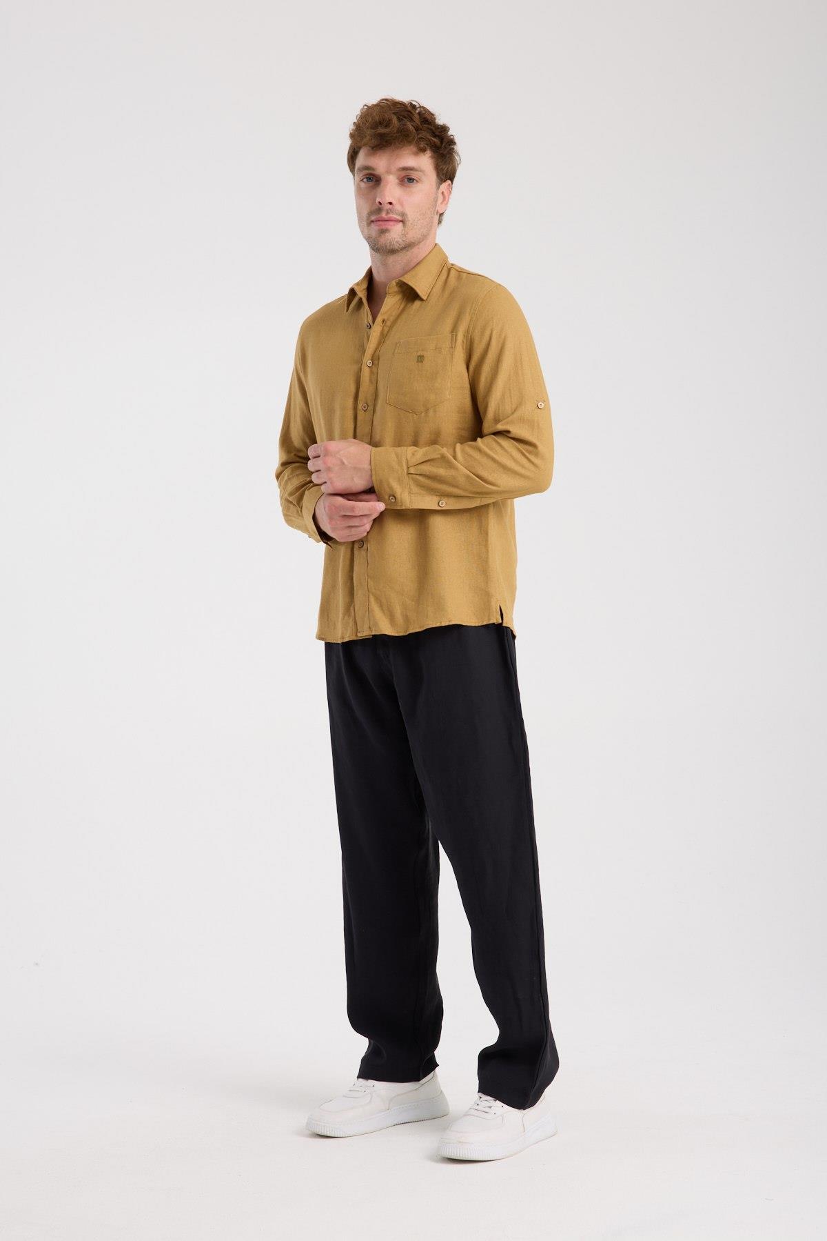 Düğmeli Keten Gömlek