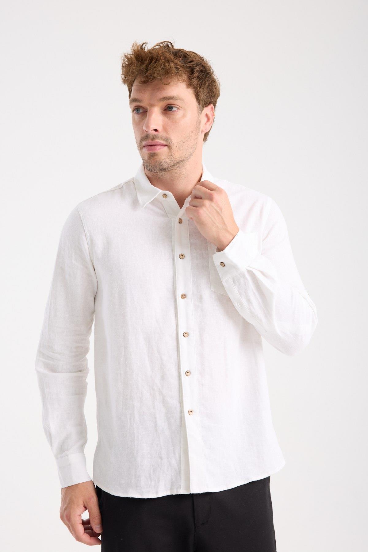 Düğmeli Keten Gömlek