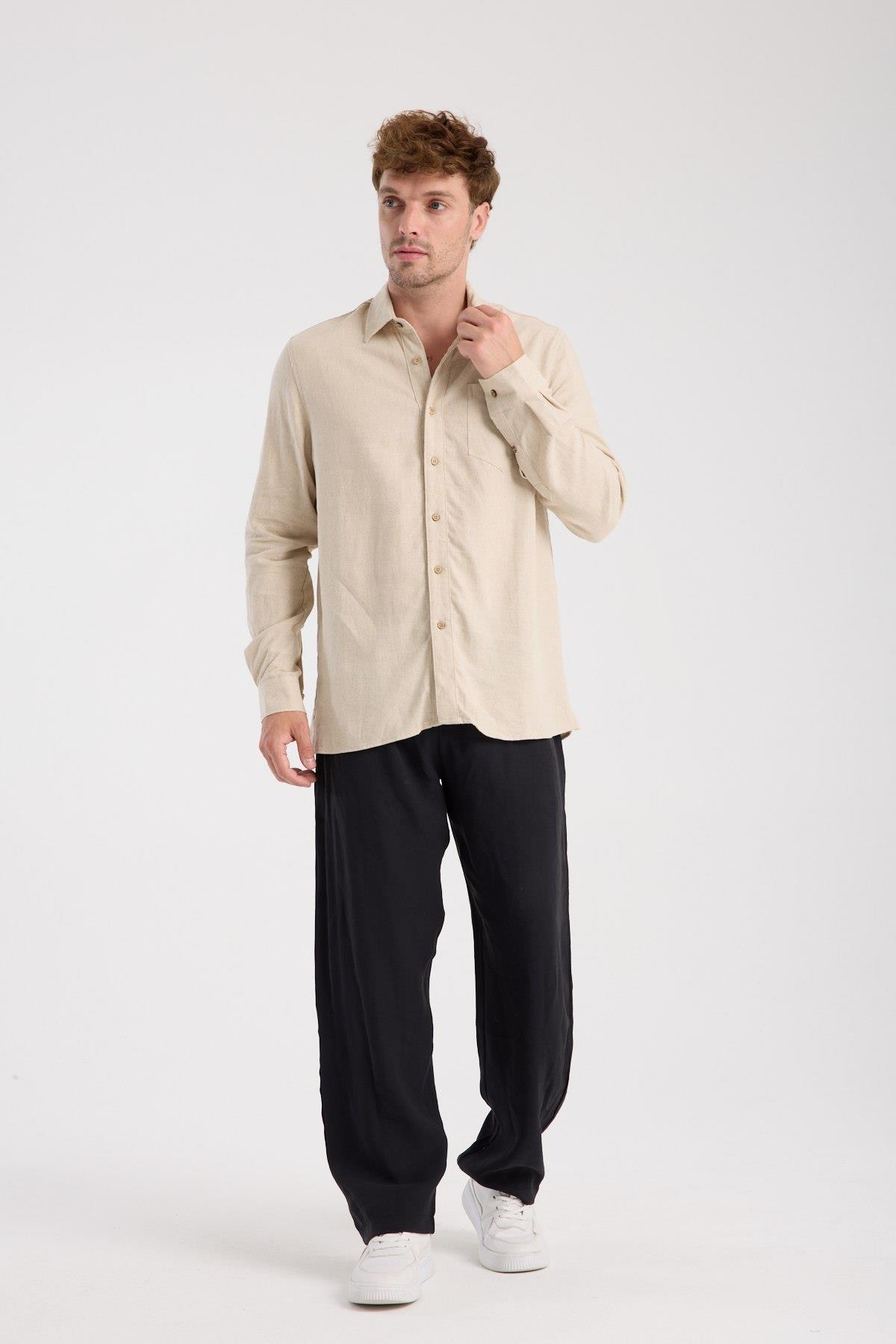 Düğmeli Keten Gömlek