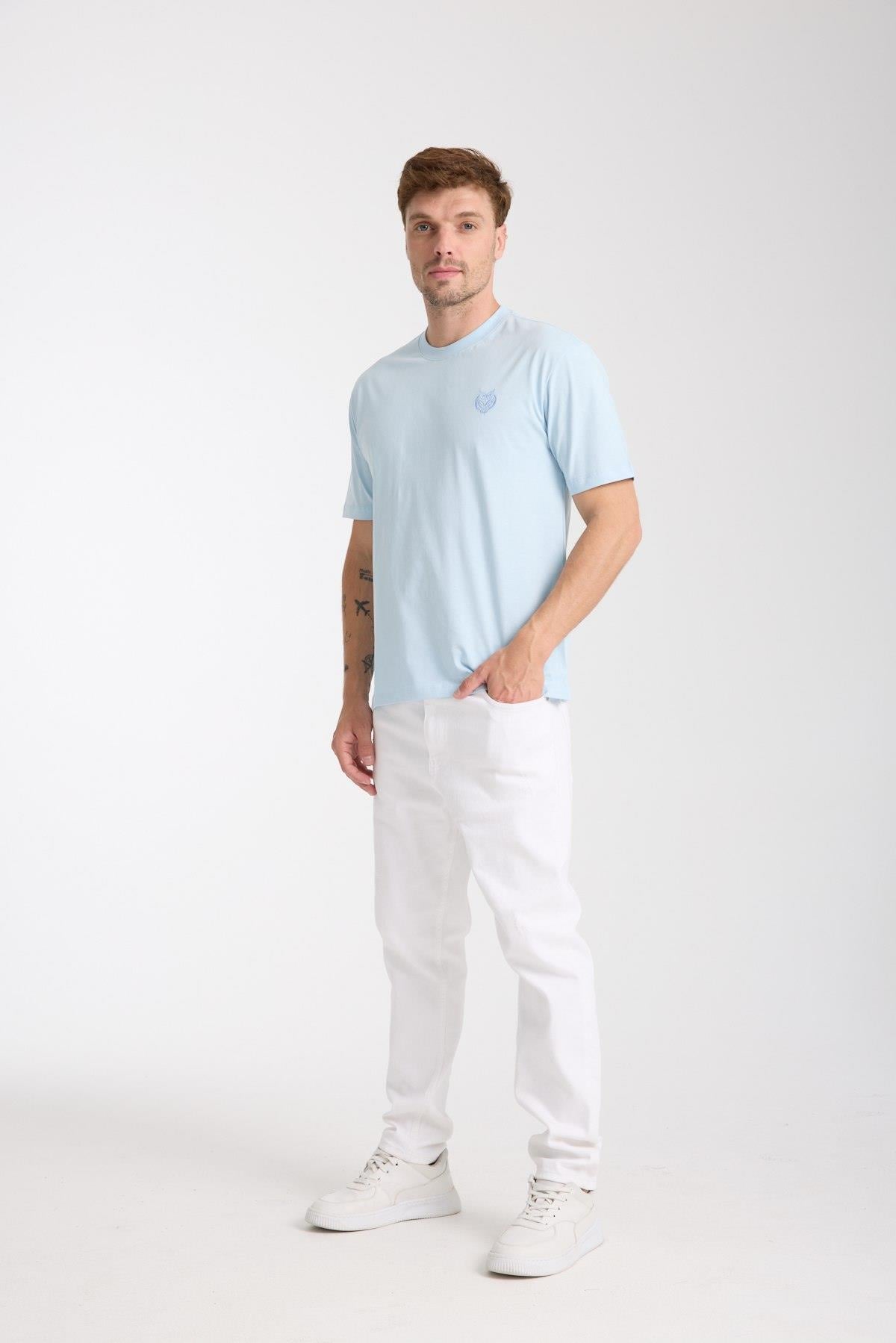 Erkek %100 Pamuk Relax Fit Baykuş Nakışlı T-Shirt