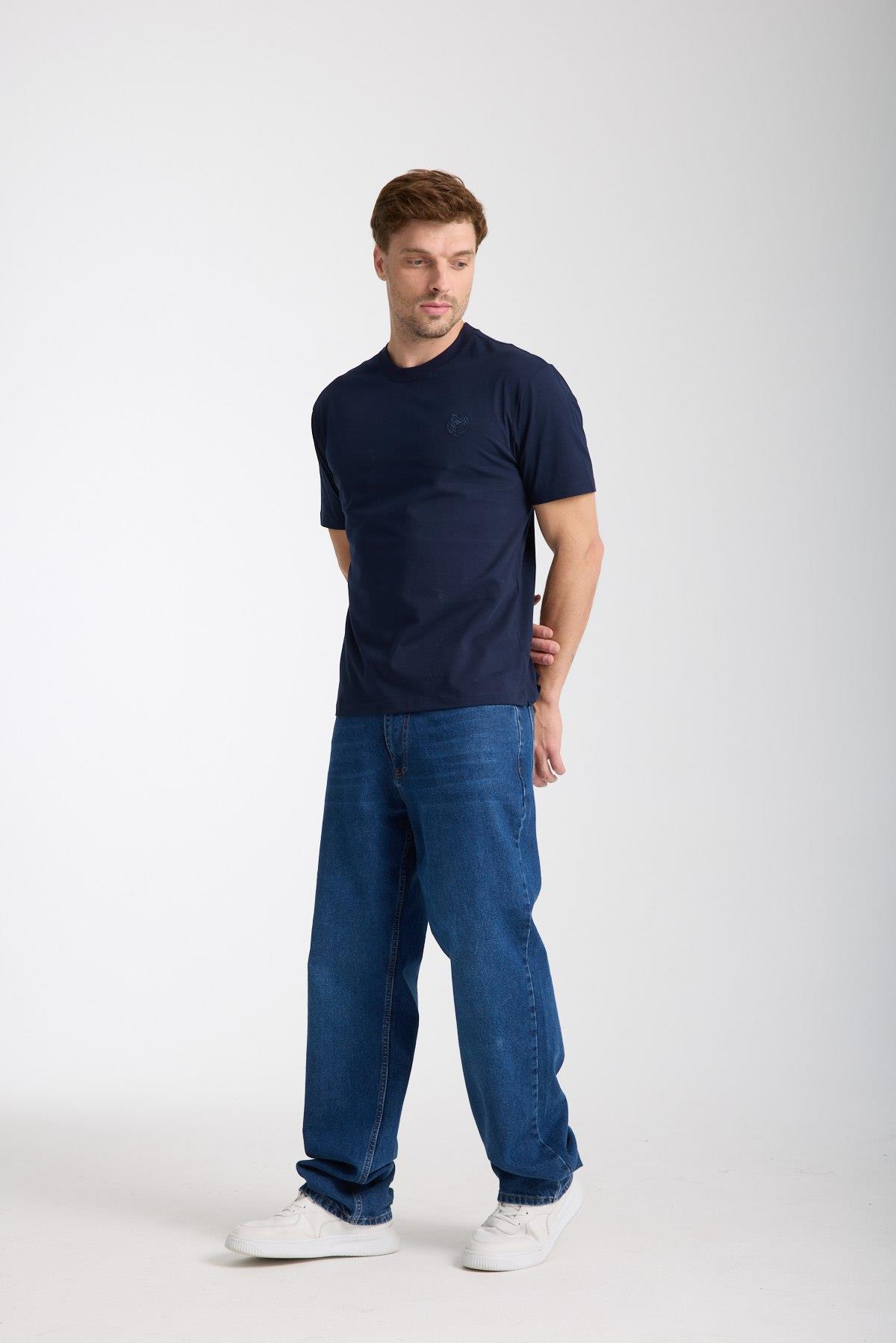 Erkek %100 Pamuk Relax Fit Baykuş Nakışlı T-Shirt