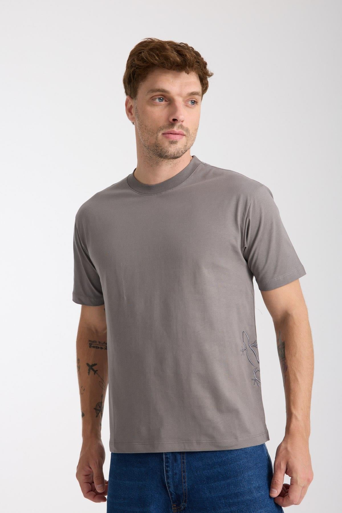 Erkek %100 Pamuk Relax Fit Kertenkele Nakışlı T-Shirt