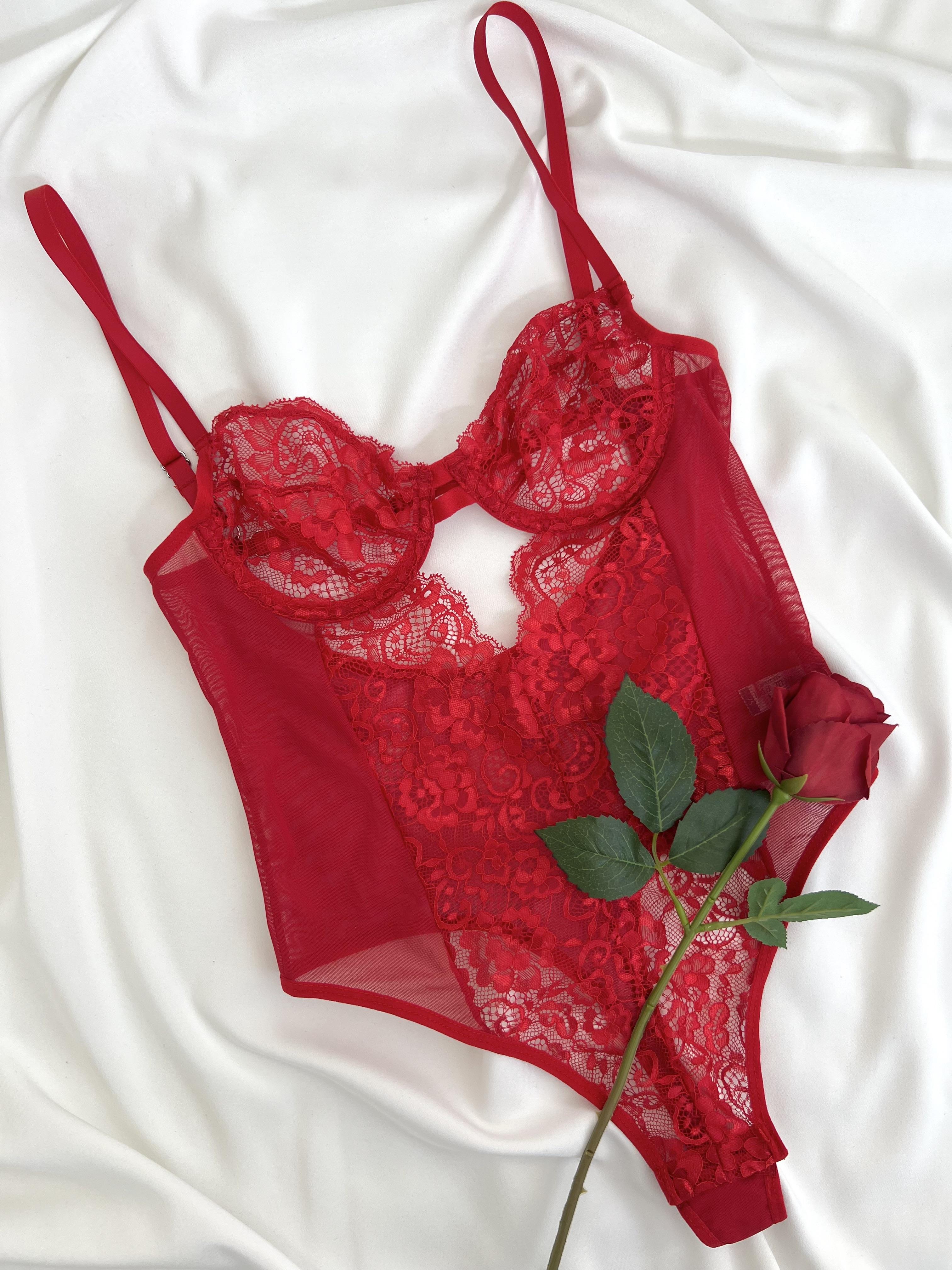 Almira Dantel Balenli Çıtçıtlı Kapsız B Cup Bodysuit Kırmızı