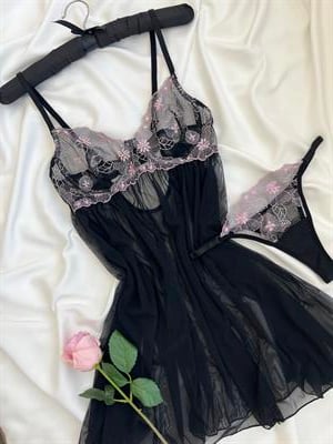 Almira Siyah Pembe Brode Balenli Alt Çamaşırlı Mini Gecelik Seti