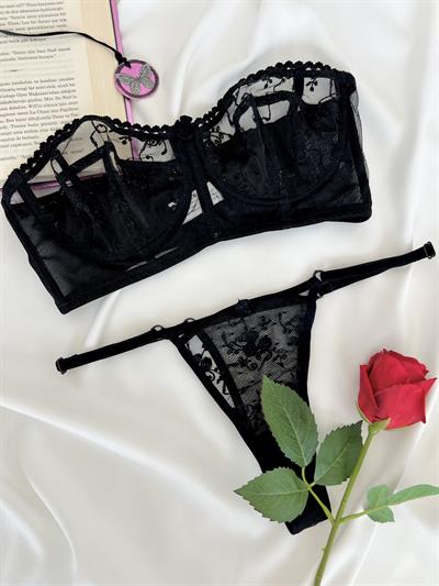 Candice Siyah Brode Balenli Kapsız Ayarlanabilir Büstiyer Takım