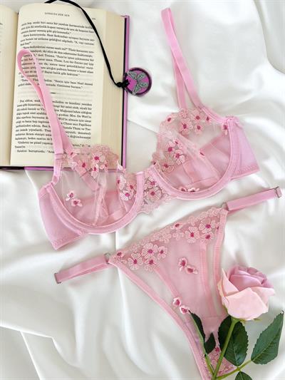 Jenna Pembe Brode Balenli Kapsız Çiçek Desenli İç Çamaşırı Takımı
