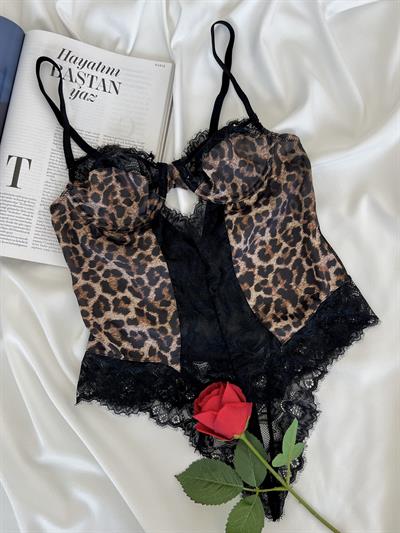 Leopar Desenli Dantel Kapsız Balenli B Cup Bodysuit