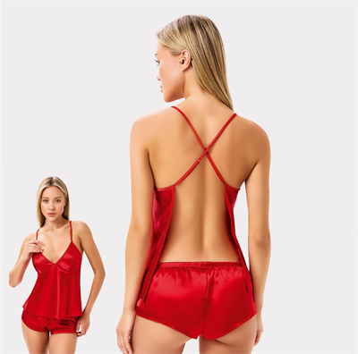 Saten Askıları Ayarlanabilir Gecelik Alt Üst Şortlu Takım Kırmızı