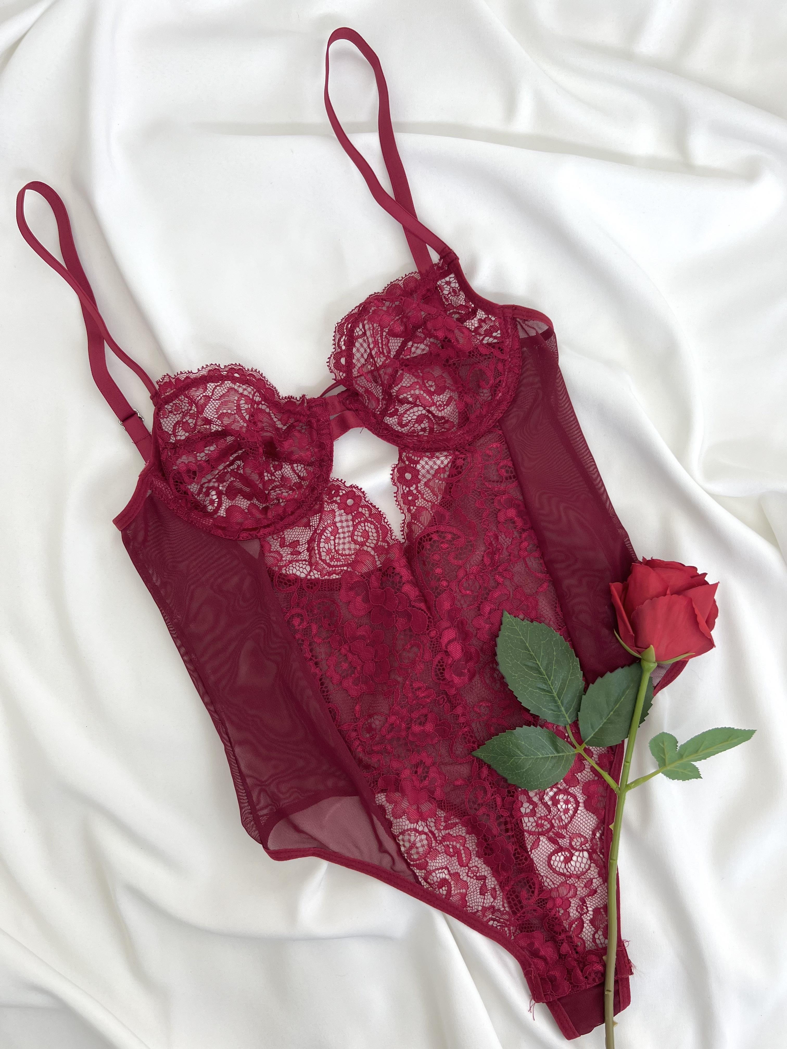 Almira Dantel Balenli Çıtçıtlı Kapsız B Cup Bodysuit Bordo
