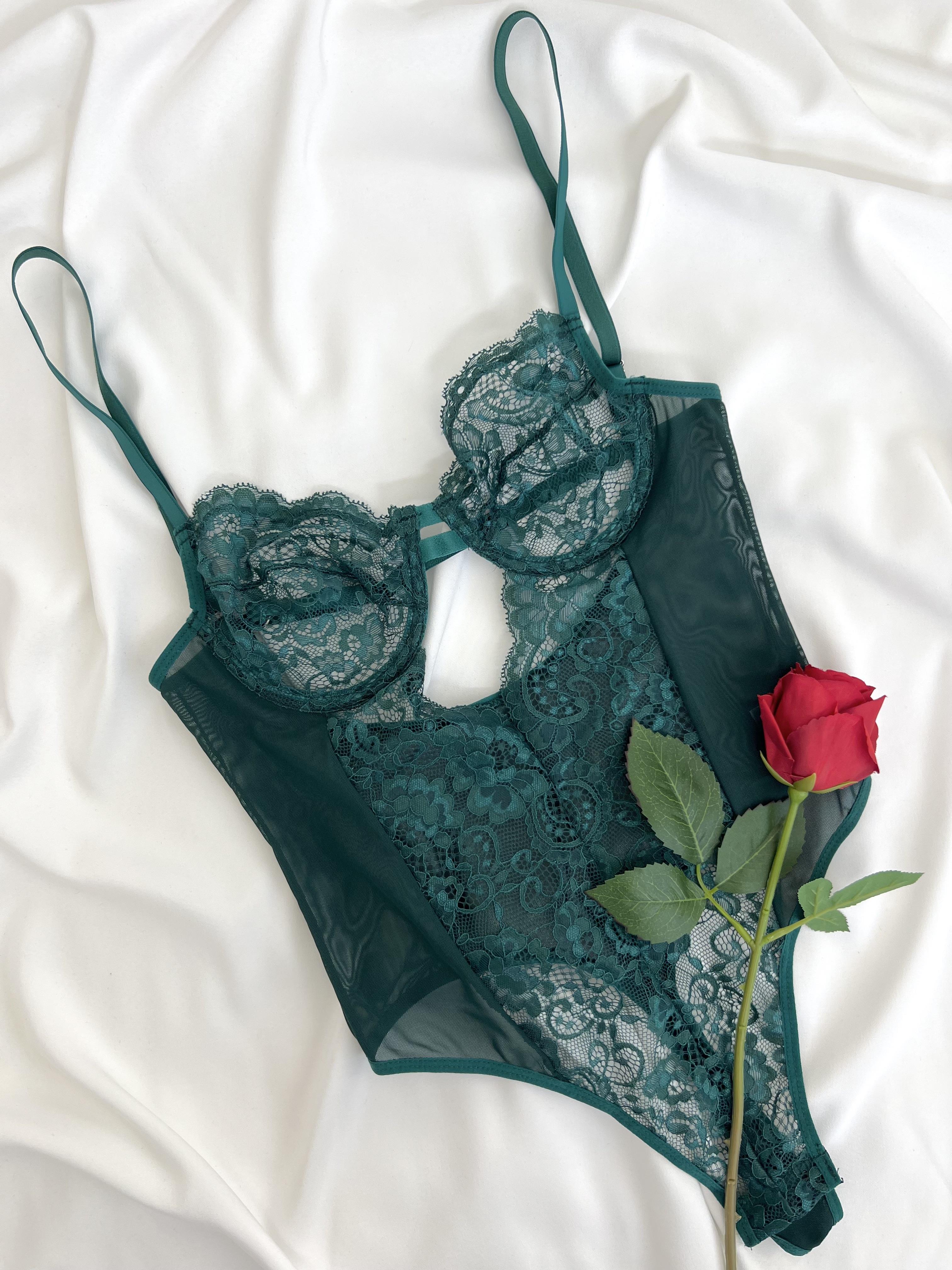 Almira Dantel Balenli Çıtçıtlı Kapsız B Cup Bodysuit Zümrüt Yeşili