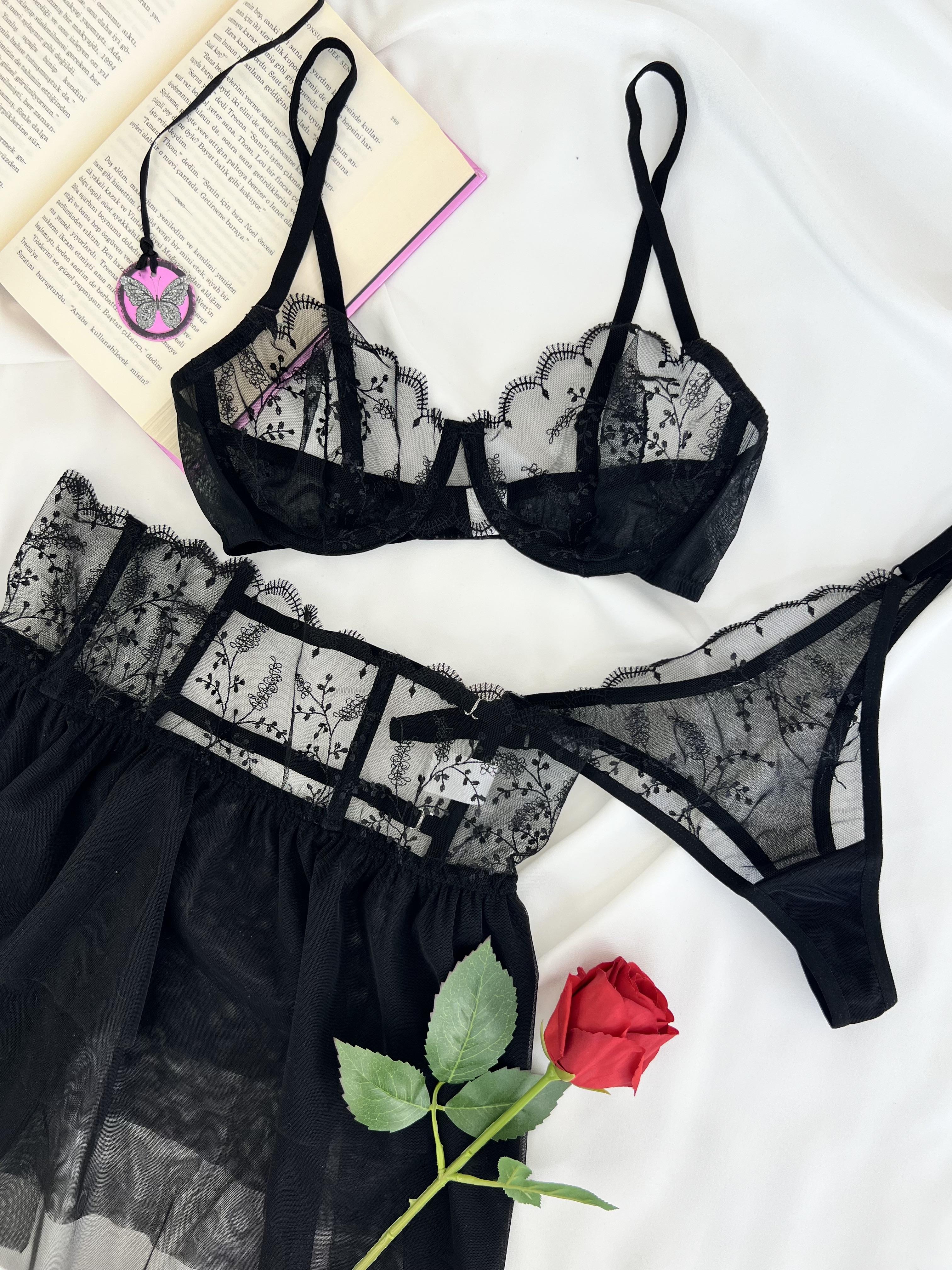 Isabella Çiçek Desenli Brode 3 Parça Etekli İç Çamaşırı Takımı