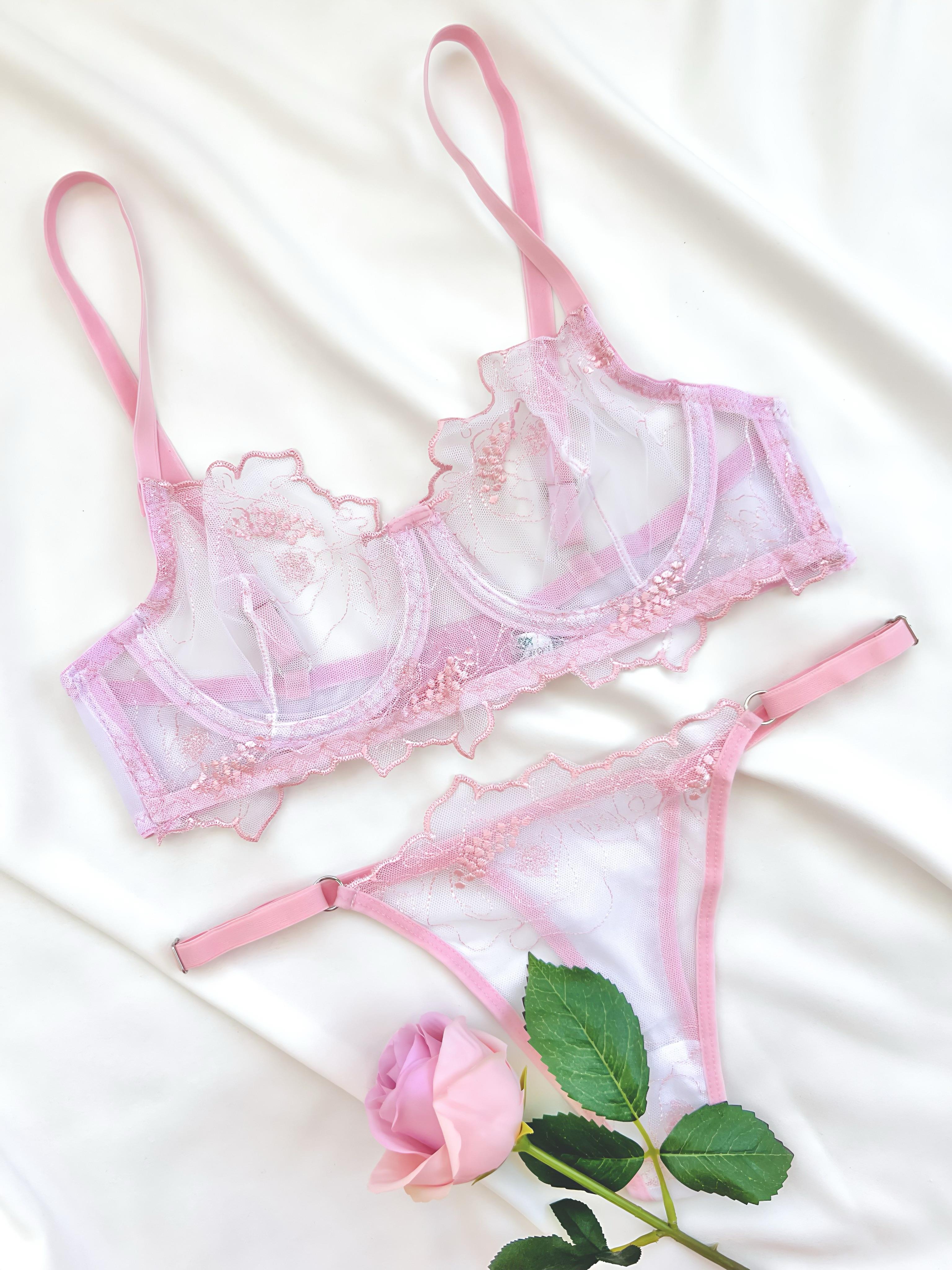 Rosa Balenli Çiçek Desenli Brode İç Çamaşırı Takımı Pudra Pembe