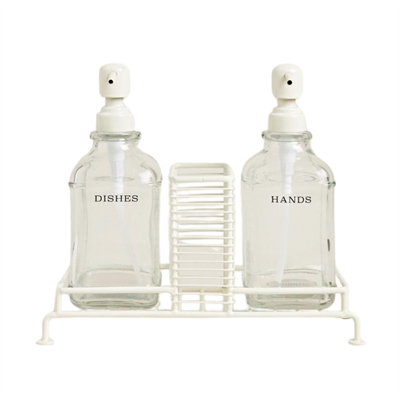 Beyaz Pompalı ve Standlı İkili Kare Cam Sıvı Sabunluk 500 ml