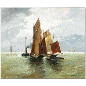 Adolf Kaufmann Steamboat And Fishing Boats At Sea Art Print