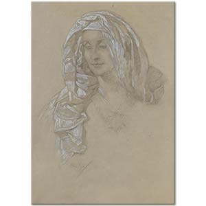 Alphonse Mucha Woman With Headscarf And Star Medallion Art Print
