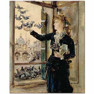 Anton Romako Mädchen an einem Fenster zum Markusplatz, Tauben Fütternd Art Print