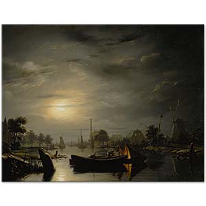 Petrus van Schendel A River Landscape In Silver Moonlight Art Print