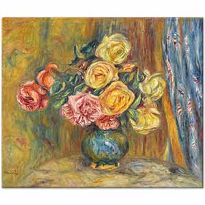 Pierre Auguste Renoir Roses in Front of a Blue Curtain Art Print