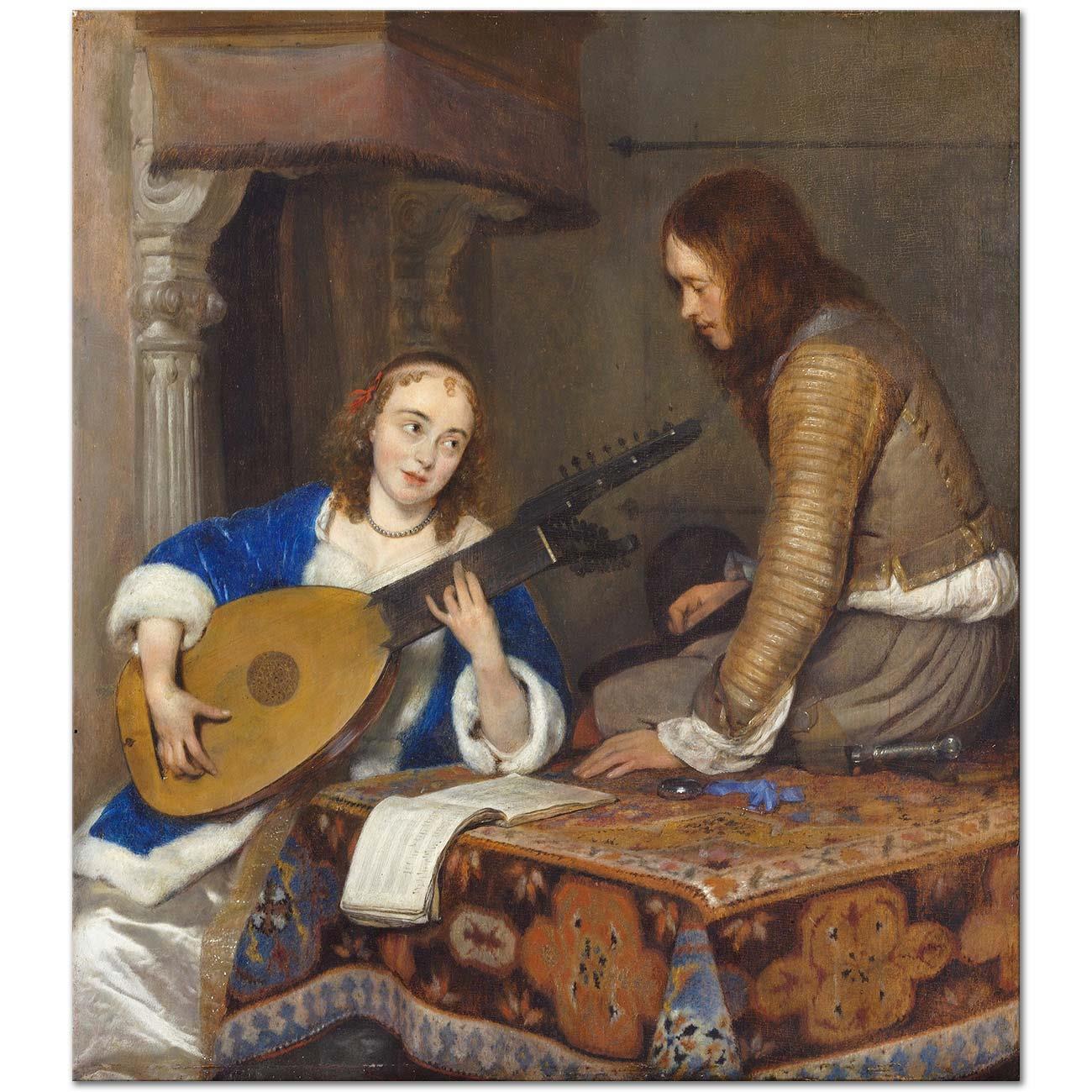 Gerard ter Borch A Woman Playing Theorbo Lute and a Cavalier Art Print